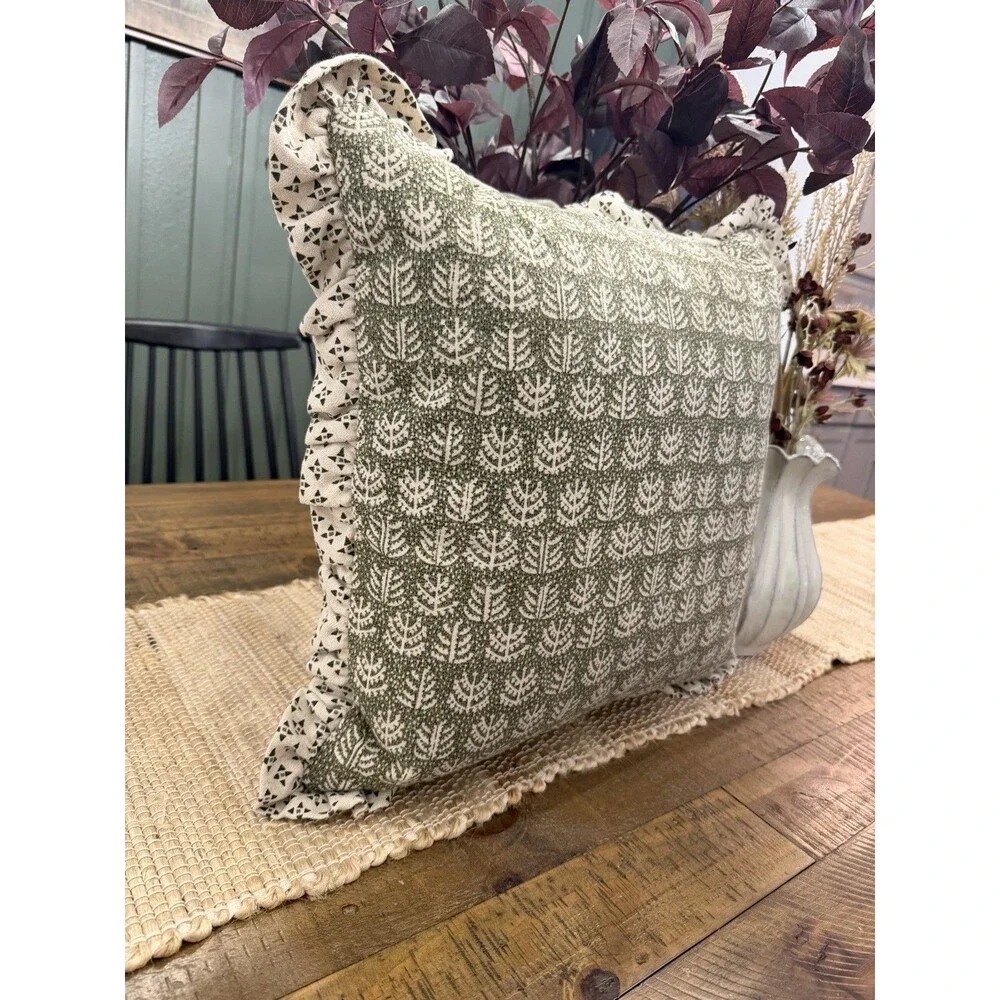 Square Block Print Reversible Pillow with Ruffle Trim Green - Threshold NEW